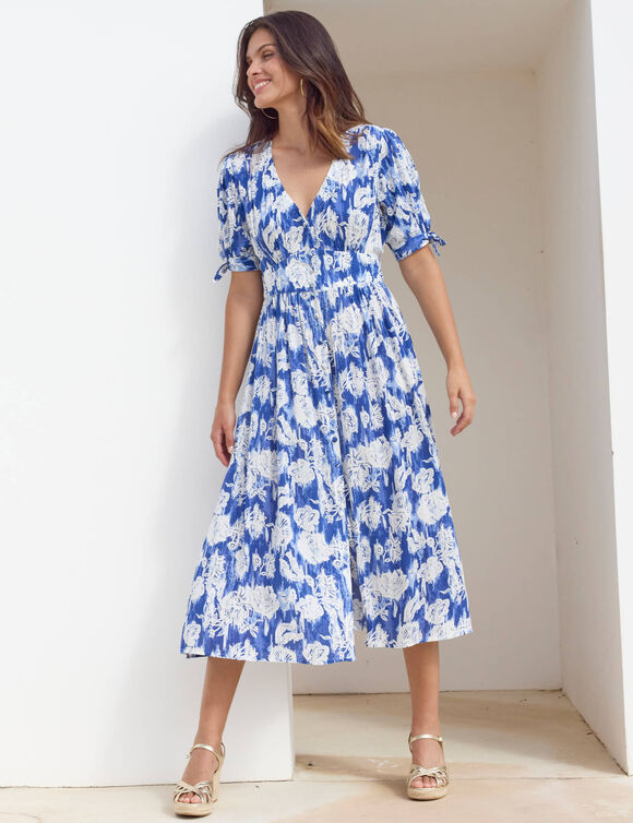 Robe longue imprimée, évasée (bleu) Robe longue imprimée, évasée (bleu)